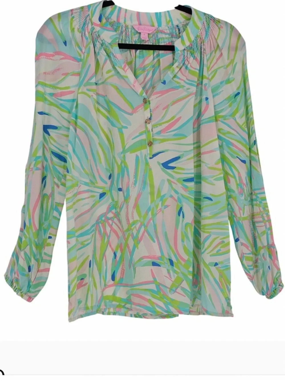 Lilly Pulitzer Elsa Silk Tunic Med Pink Blue Abstract Palm Smocked Button Resort - Picture 3 of 8